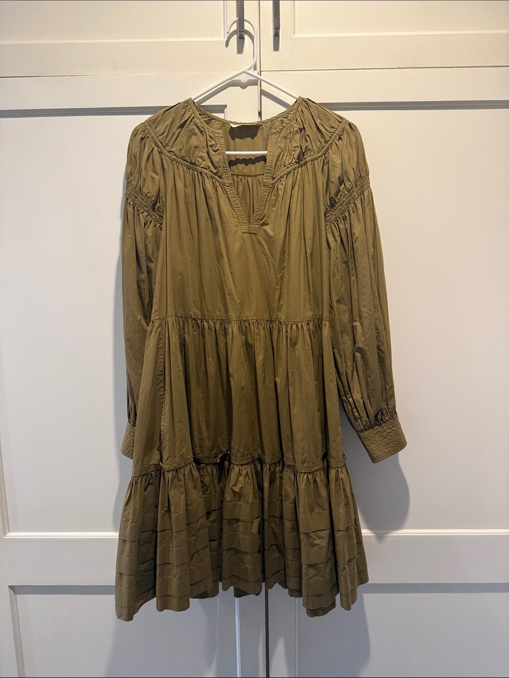 Authentic Ulla Johnson Olive Long-Sleeve Tiered Cotton Dress